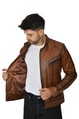 DERİNSS DER705 Hakiki Deri Erkek Taba Mont