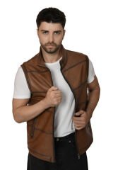 DERİNSS Hakiki Deri Erkek Taba Yelek