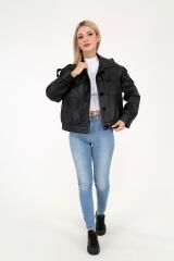DERİNSS DKA2212 Hakiki Deri Kadın Siyah Oversize Mont