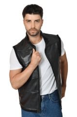 DERİNSS Hakiki Deri Erkek Siyah Yelek