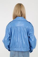 DERİNSS DKA2212 Hakiki Deri Kadın mavi Oversize Mont