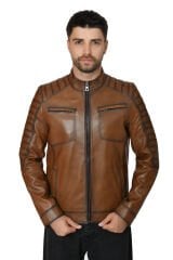 DERİNSS DER105 Hakiki Deri Erkek Taba Mont