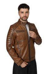 DERİNSS DER105 Hakiki Deri Erkek Taba Mont