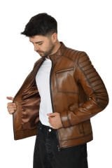 DERİNSS DER105 Hakiki Deri Erkek Taba Mont