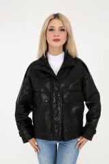 DERİNSS DKA2226 Hakiki Deri Kadın Siyah Oversize Mont