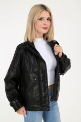 DERİNSS DKA2226 Hakiki Deri Kadın Siyah Oversize Mont