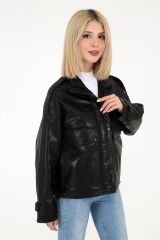 DERİNSS DKA2226 Hakiki Deri Kadın Siyah Oversize Mont