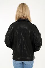 DERİNSS DKA2226 Hakiki Deri Kadın Siyah Oversize Mont