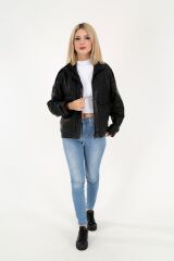DERİNSS DKA2226 Hakiki Deri Kadın Siyah Oversize Mont