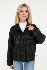 DERİNSS DKA2226 Hakiki Deri Kadın Siyah Oversize Mont