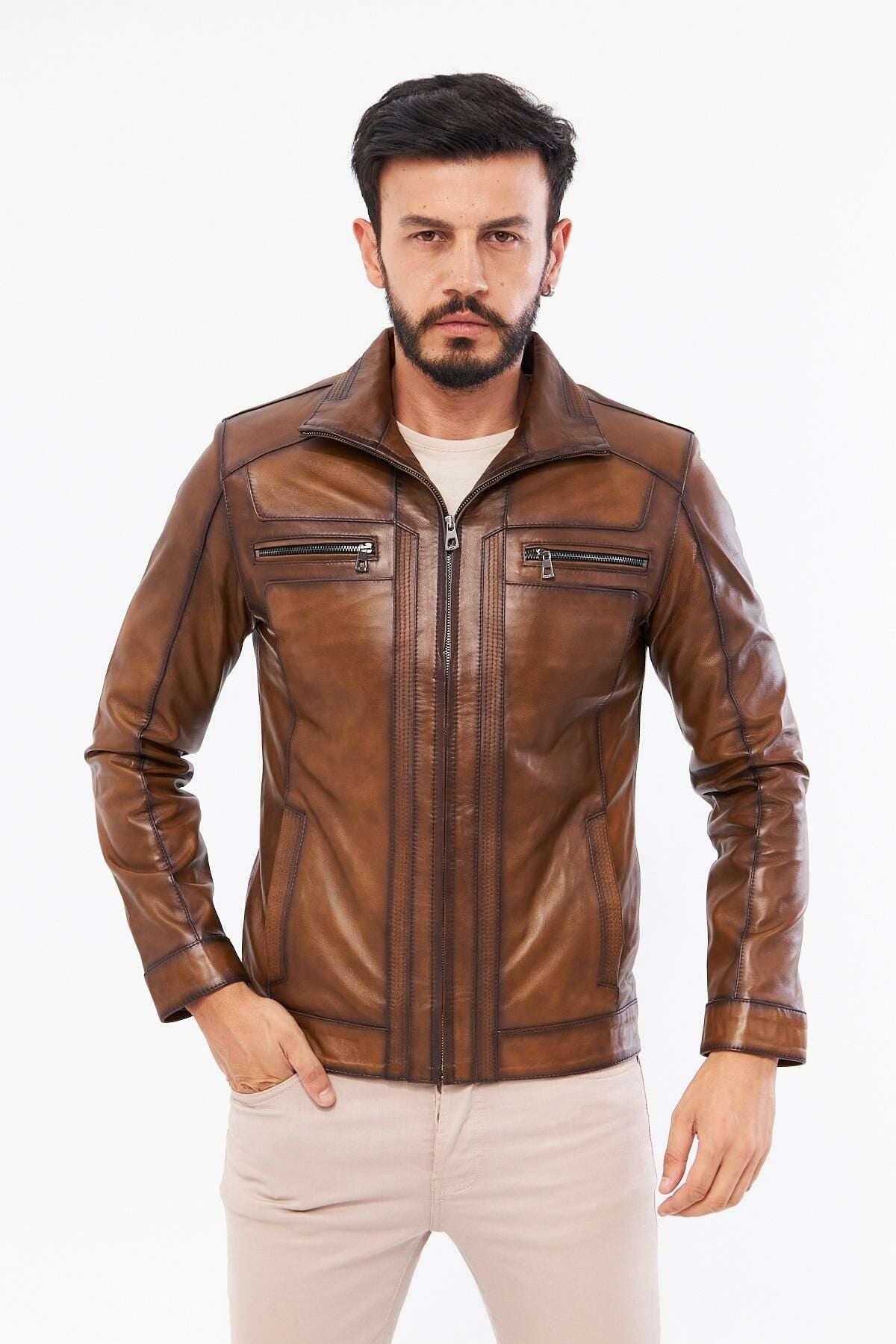 DERİNSS DER166 Hakiki Deri Erkek Taba Mont