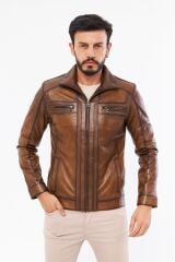 DERİNSS DER166 Hakiki Deri Erkek Taba Mont