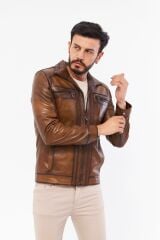 DERİNSS DER166 Hakiki Deri Erkek Taba Mont