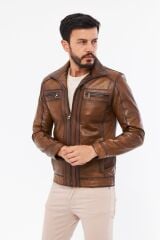 DERİNSS DER166 Hakiki Deri Erkek Taba Mont