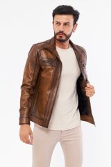 DERİNSS DER166 Hakiki Deri Erkek Taba Mont