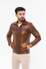 DERİNSS DER166 Hakiki Deri Erkek Taba Mont