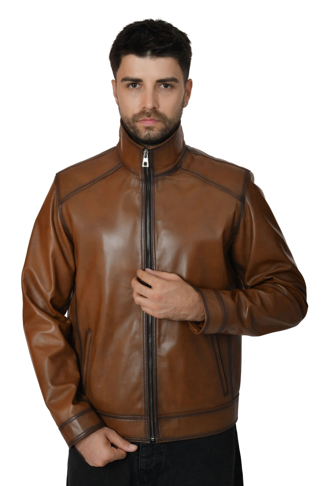 DERİNSS DER153 Hakiki Deri Erkek Taba Mont