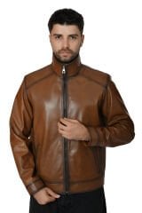 DERİNSS DER153 Hakiki Deri Erkek Taba Mont