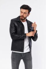 DERİNSS DER166 Hakiki Deri Erkek Siyah Mont