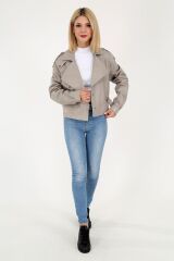 DERİNSS DKA1034 Hakiki Deri Kadın Bej Oversize Mont