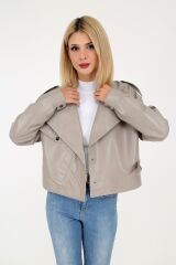 DERİNSS DKA1034 Hakiki Deri Kadın Bej Oversize Mont