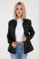 DERİNSS DKA1001 Hakiki Deri Kadın Siyah Mont