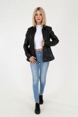 DERİNSS DKA1001 Hakiki Deri Kadın Siyah Mont