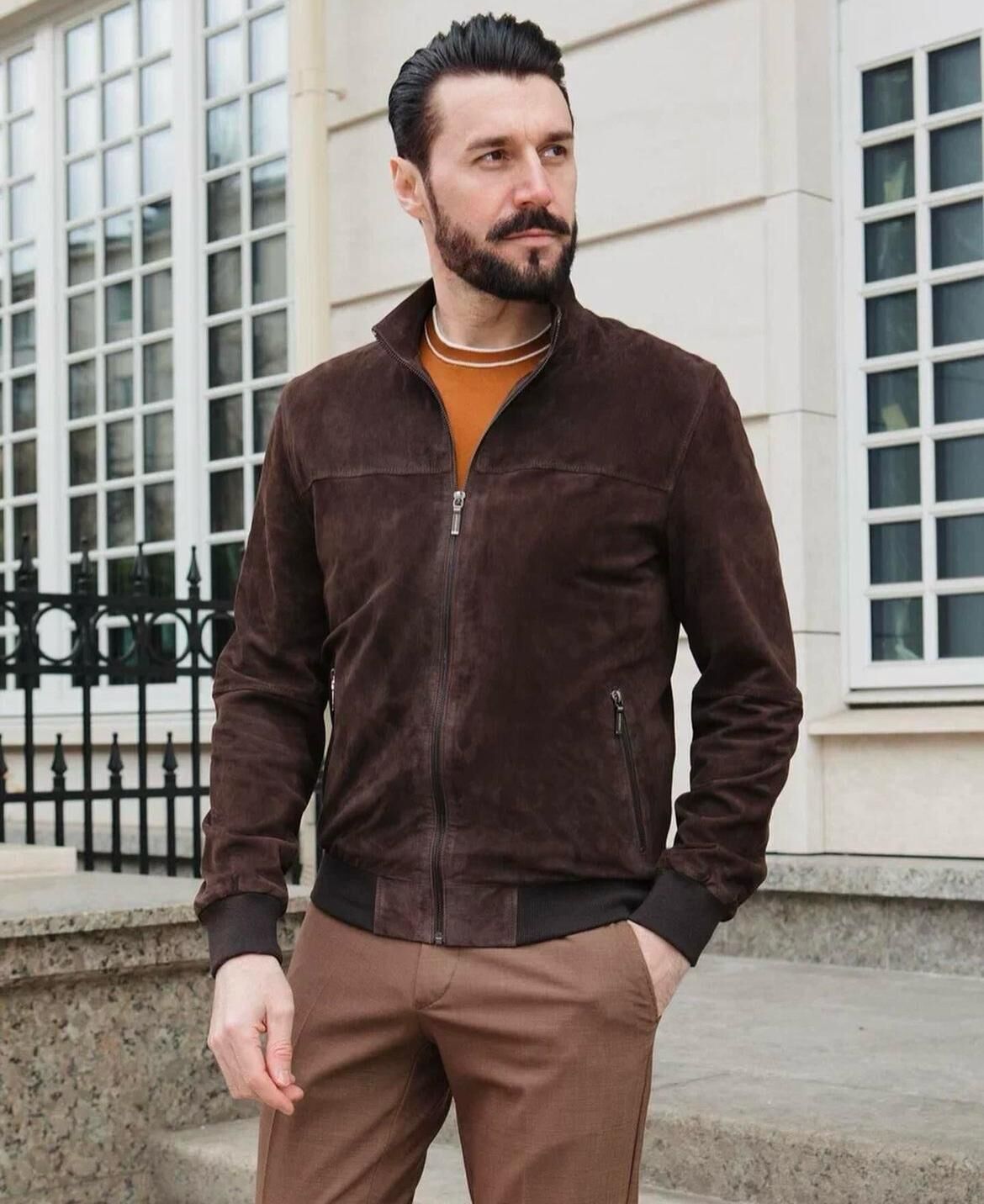 DERİNSS DERSÜET Hakiki Deri Erkek Kahverengi Çift Taraflı Süet Mont