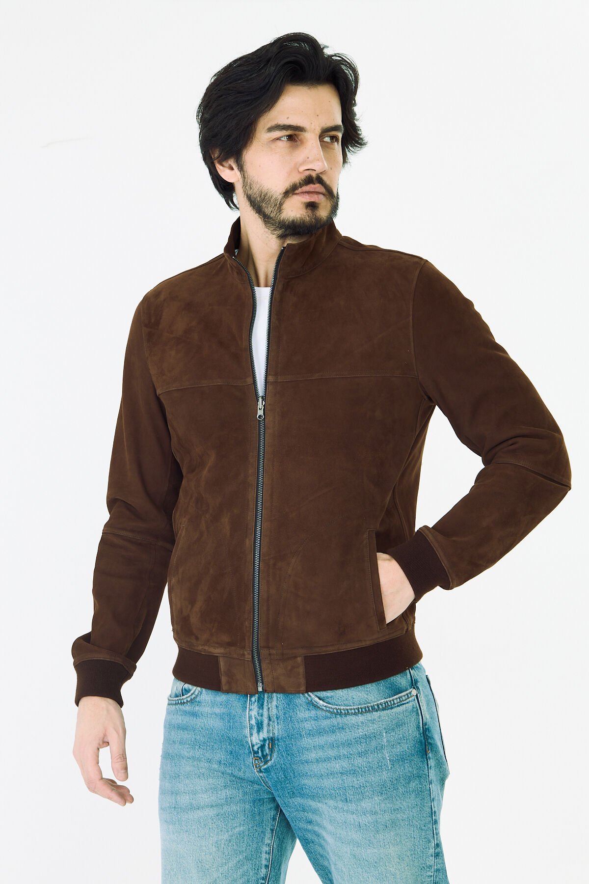 DERİNSS DER064 Hakiki Deri Erkek Süet Çift Taraflı Kahverengi Mont