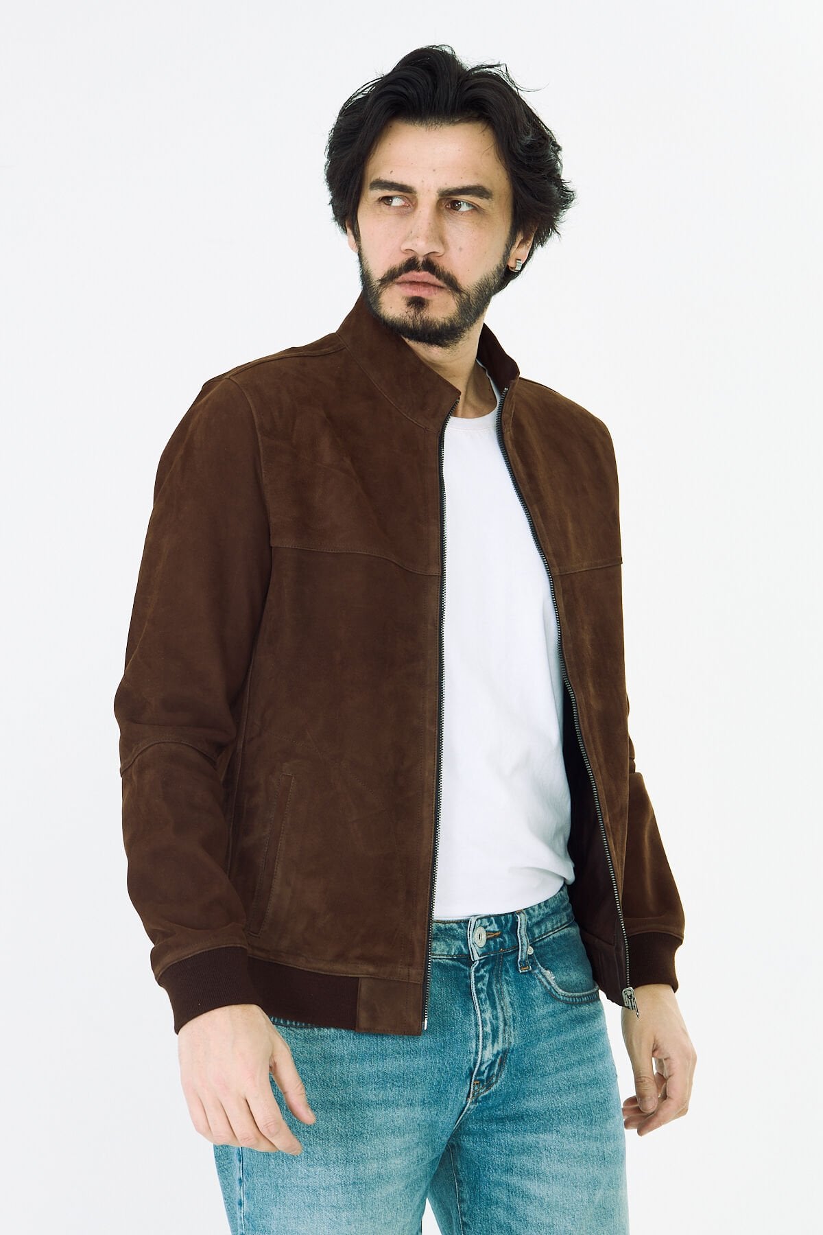 DERİNSS DER064 Hakiki Deri Erkek Süet Çift Taraflı Kahverengi Mont