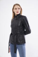 DERİNSS DKA2364 Hakiki Deri Kadın Siyah Mont