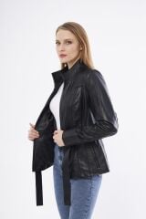 DERİNSS DKA2364 Hakiki Deri Kadın Siyah Mont