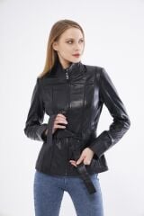 DERİNSS DKA2364 Hakiki Deri Kadın Siyah Mont