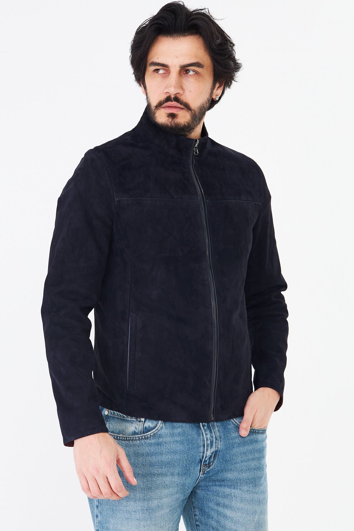 DERİNSS DER055 Hakiki Deri Erkek Süet Çift Taraflı Lacivert Mont