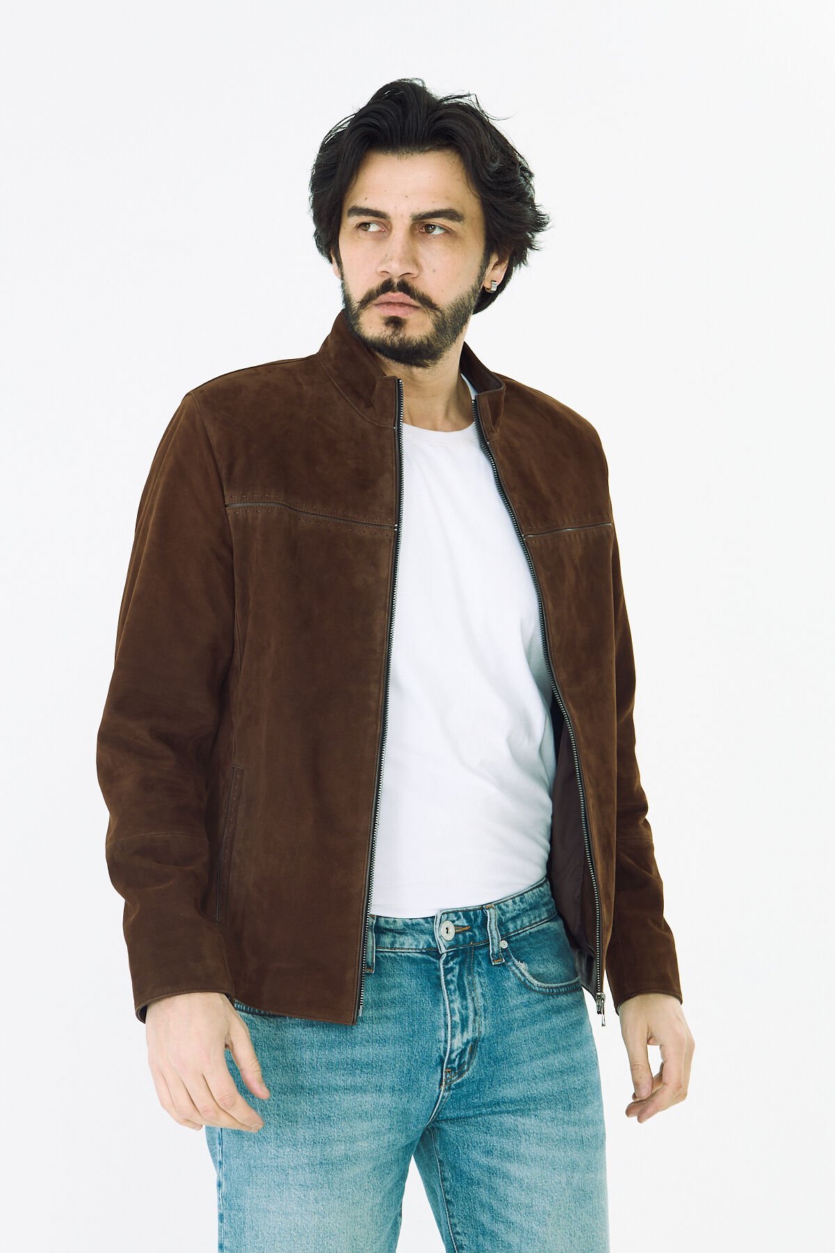 DERİNSS DER055 Hakiki Deri Erkek Süet Kahverengi Mont