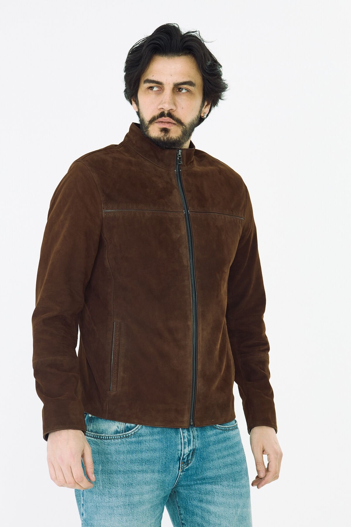 DERİNSS DER055 Hakiki Deri Erkek Süet Kahverengi Mont