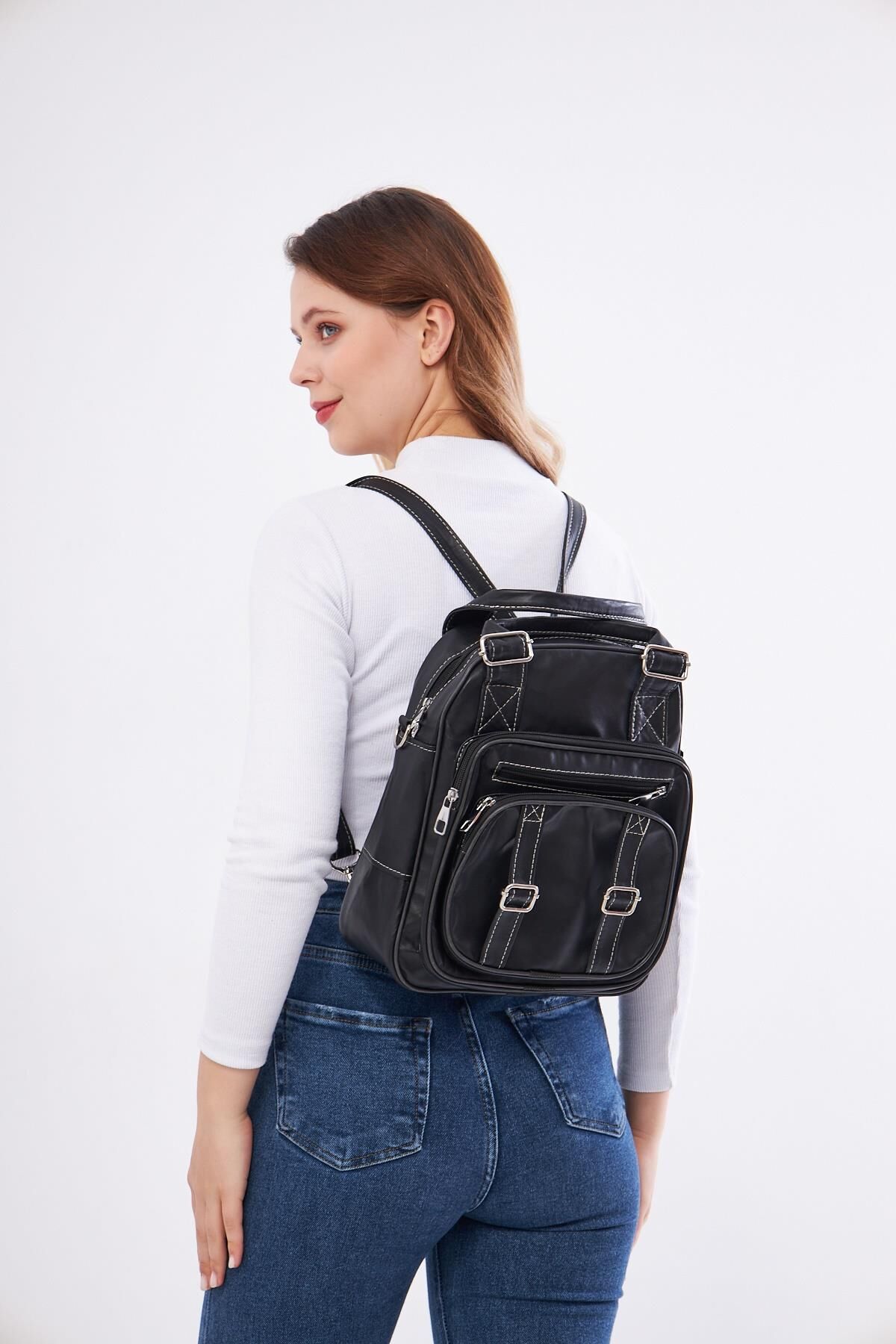 DERİNSS Hakiki Deri Kadın Siyah Sırt ve Omuz Çantası _ DKB004