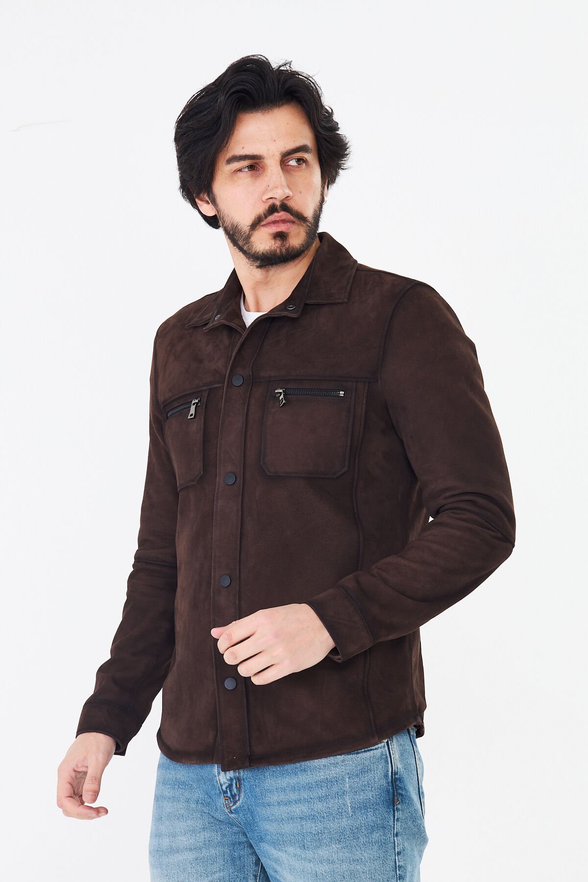 DERİNSS DER077  Hakiki Deri Erkek Süet Kahverengi Gömlek