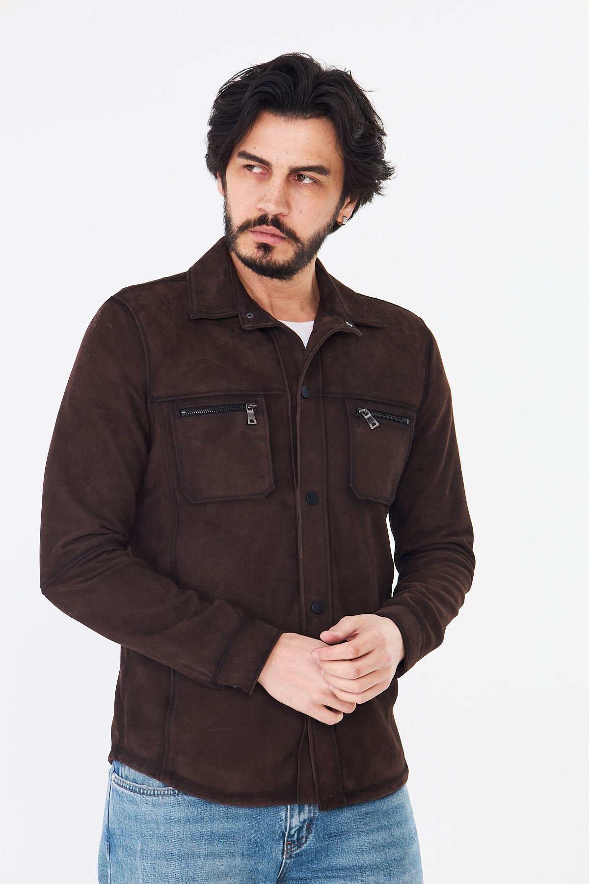 DERİNSS DER077  Hakiki Deri Erkek Süet Kahverengi Gömlek