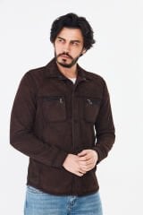 DERİNSS DER077  Hakiki Deri Erkek Süet Kahverengi Gömlek