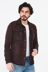 DERİNSS DER077  Hakiki Deri Erkek Süet Kahverengi Gömlek