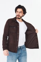 DERİNSS DER077  Hakiki Deri Erkek Süet Kahverengi Gömlek