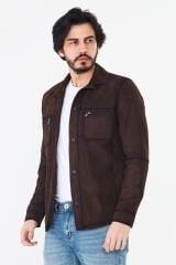 DERİNSS DER077  Hakiki Deri Erkek Süet Kahverengi Gömlek