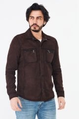 DERİNSS DER077  Hakiki Deri Erkek Süet Kahverengi Gömlek