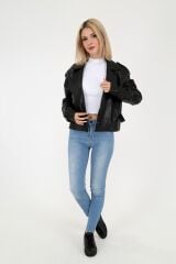 DERİNSS DKA1034 Hakiki Deri Kadın Siyah Oversize Mont
