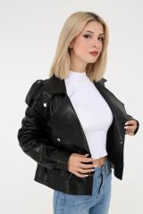 DERİNSS DKA1034 Hakiki Deri Kadın Siyah Oversize Mont