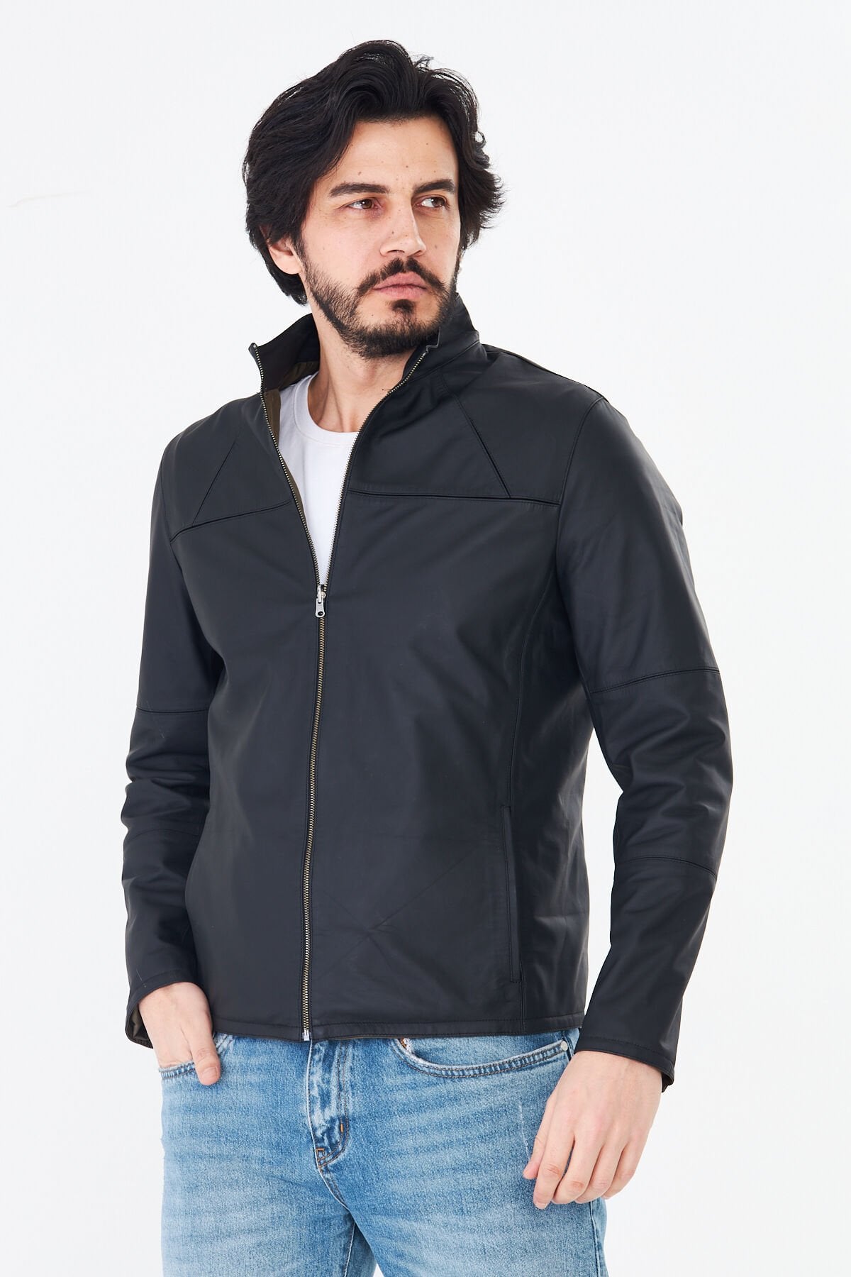 DERİNSS DER266 Hakiki Deri Erkek Çift Taraflı Tafta Mont