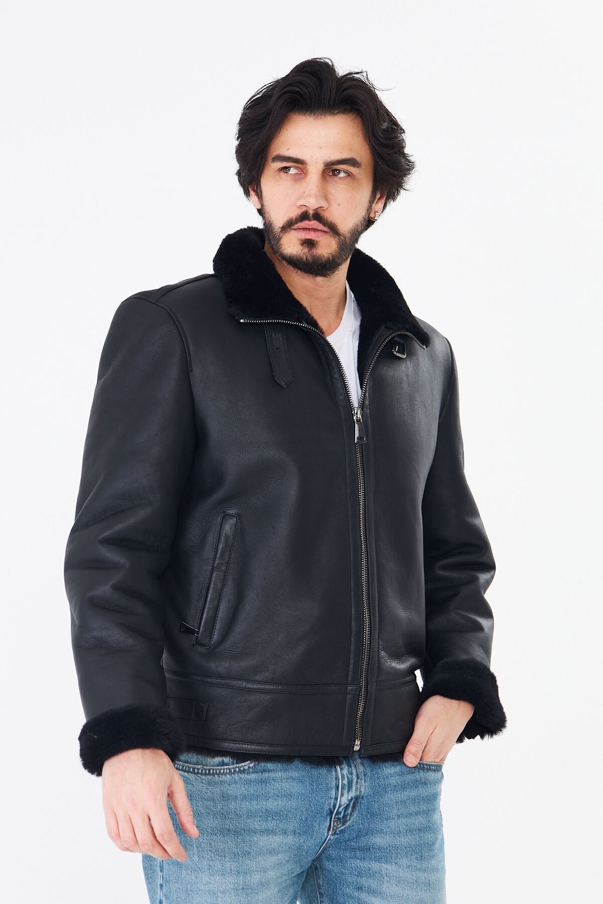 DERİNSS DER421 Hakiki Deri Erkek Siyah Kürklü Kışlık Mont