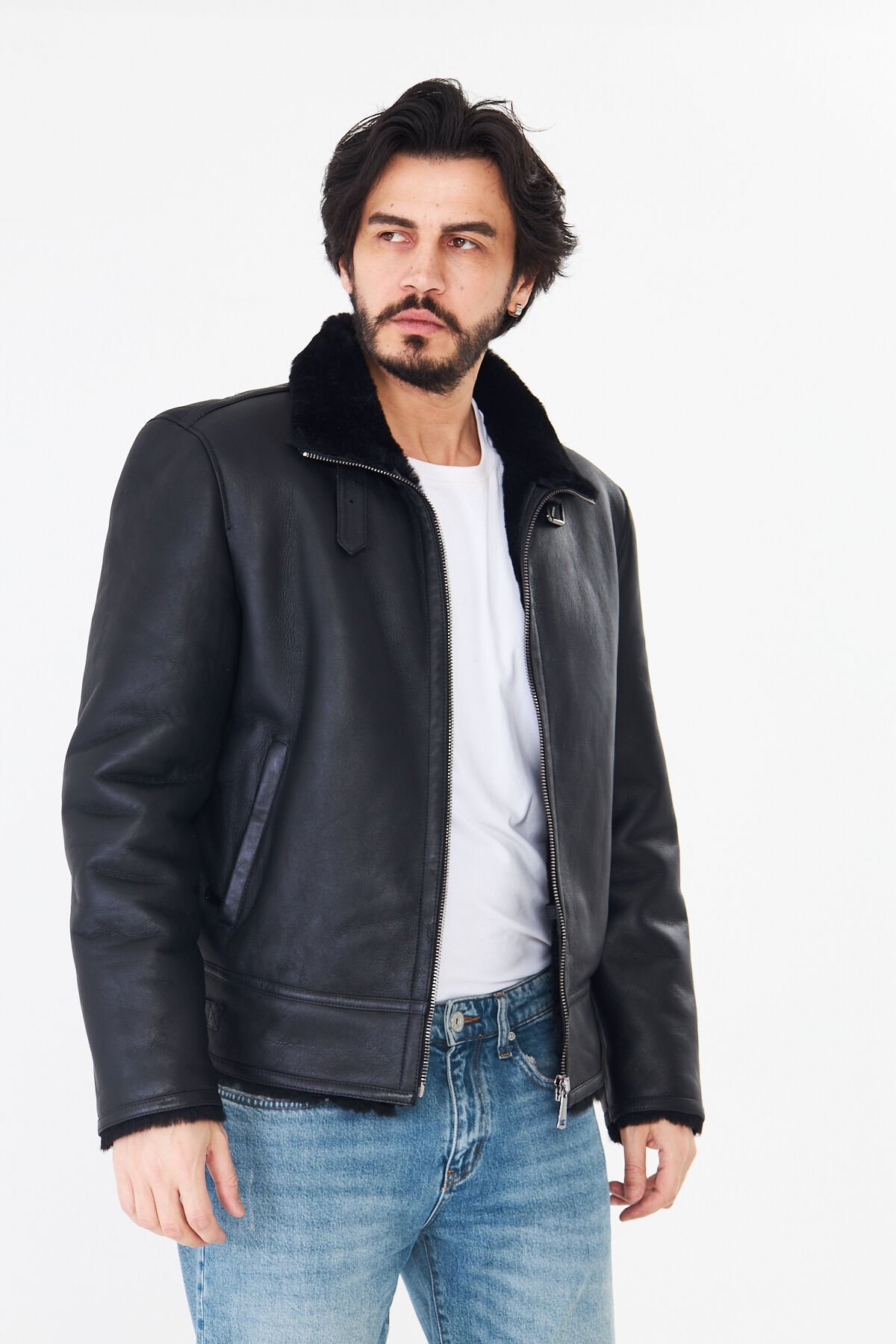 DERİNSS DER421 Hakiki Deri Erkek Siyah Kürklü Kışlık Mont