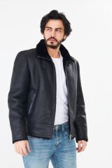 DERİNSS DER421 Hakiki Deri Erkek Siyah Kürklü Kışlık Mont